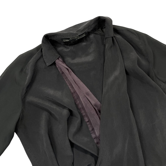 All Saints 8 Black Blouse Cross Body 100% Silk Purple Trim Long Sleeves‎ - Picture 2 of 5